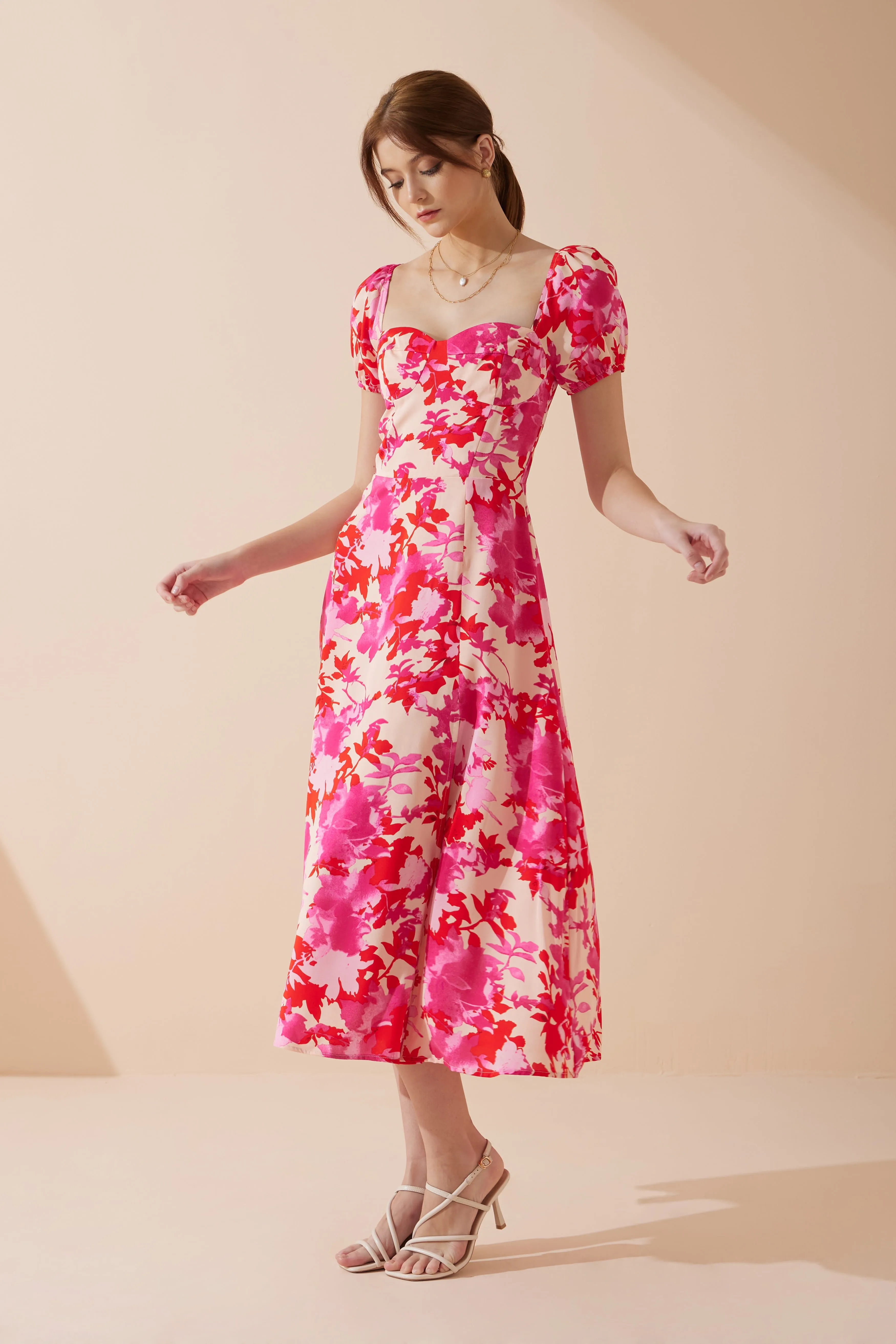 Mabel Pink Red Floral Sweetheart Midi Dress