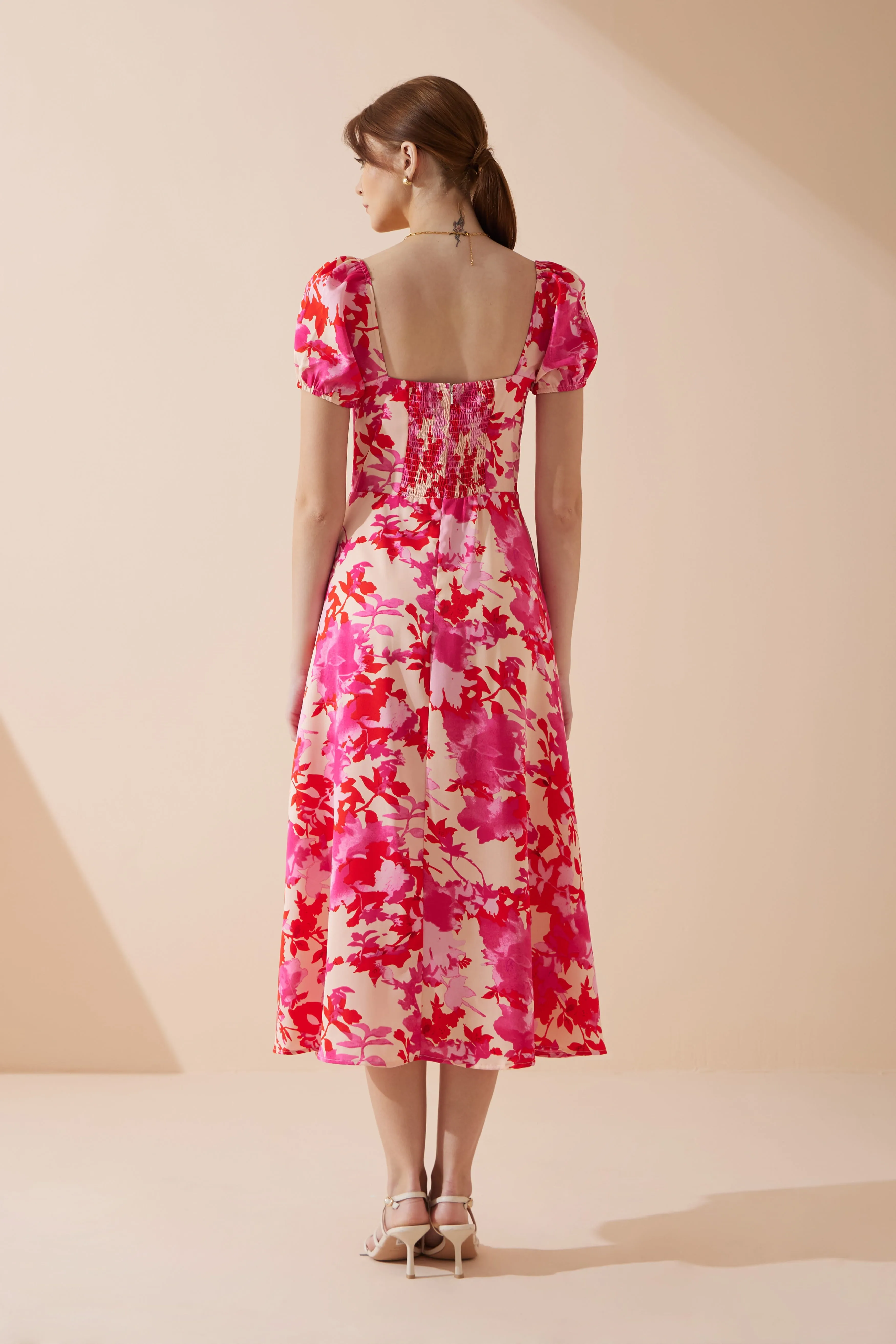 Mabel Pink Red Floral Sweetheart Midi Dress