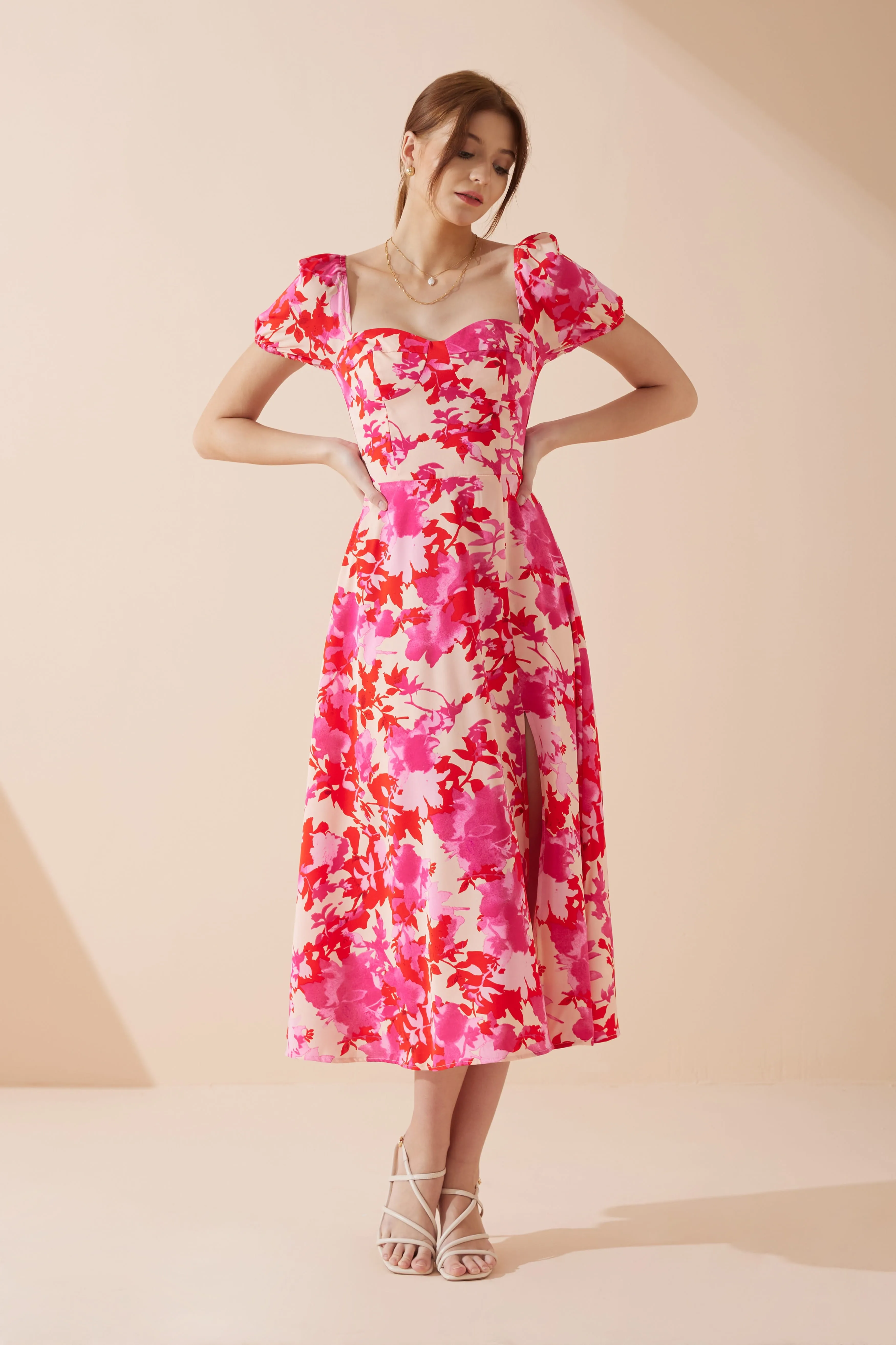 Mabel Pink Red Floral Sweetheart Midi Dress