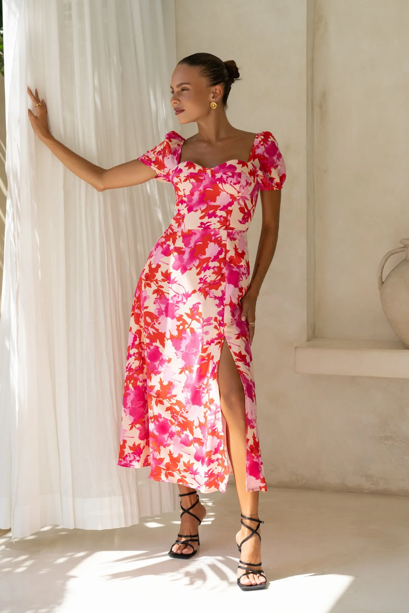 Mabel Pink Red Floral Sweetheart Midi Dress