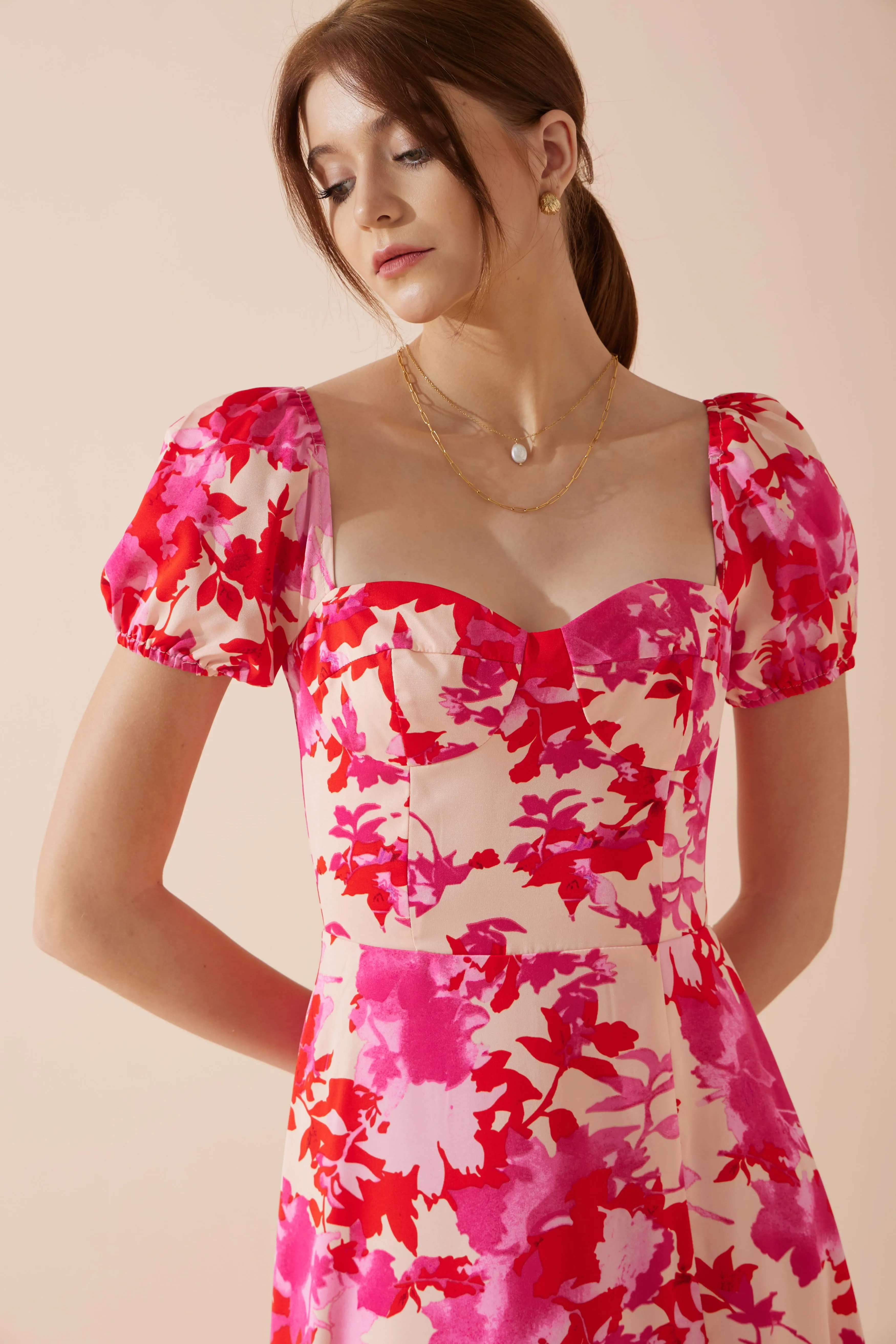 Mabel Pink Red Floral Sweetheart Midi Dress