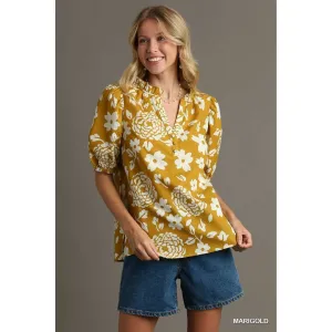 Marigold Floral Print Ruffle V-Neck Puff Sleeve Blouse