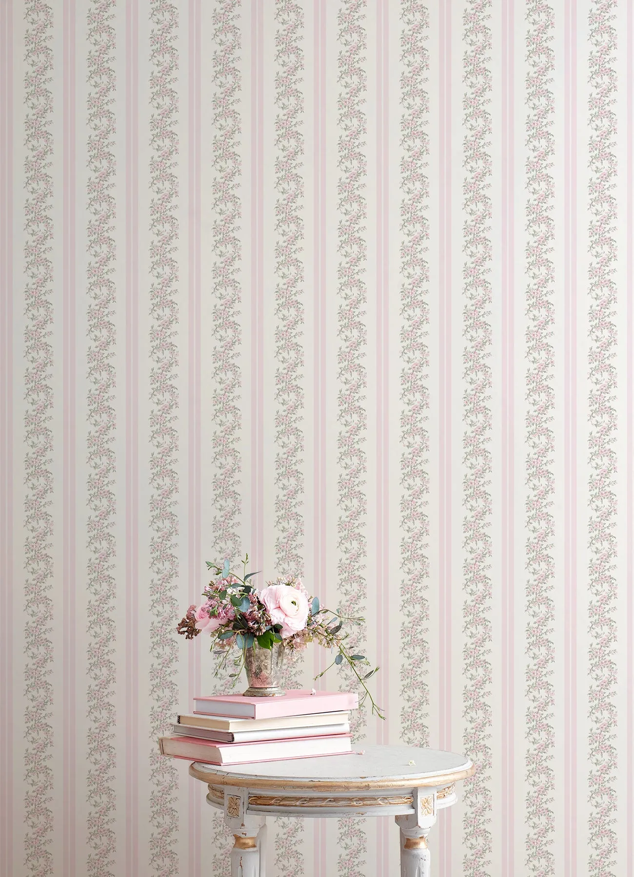 MariWreath Pastel Peach Floral Stripe Wallpaper