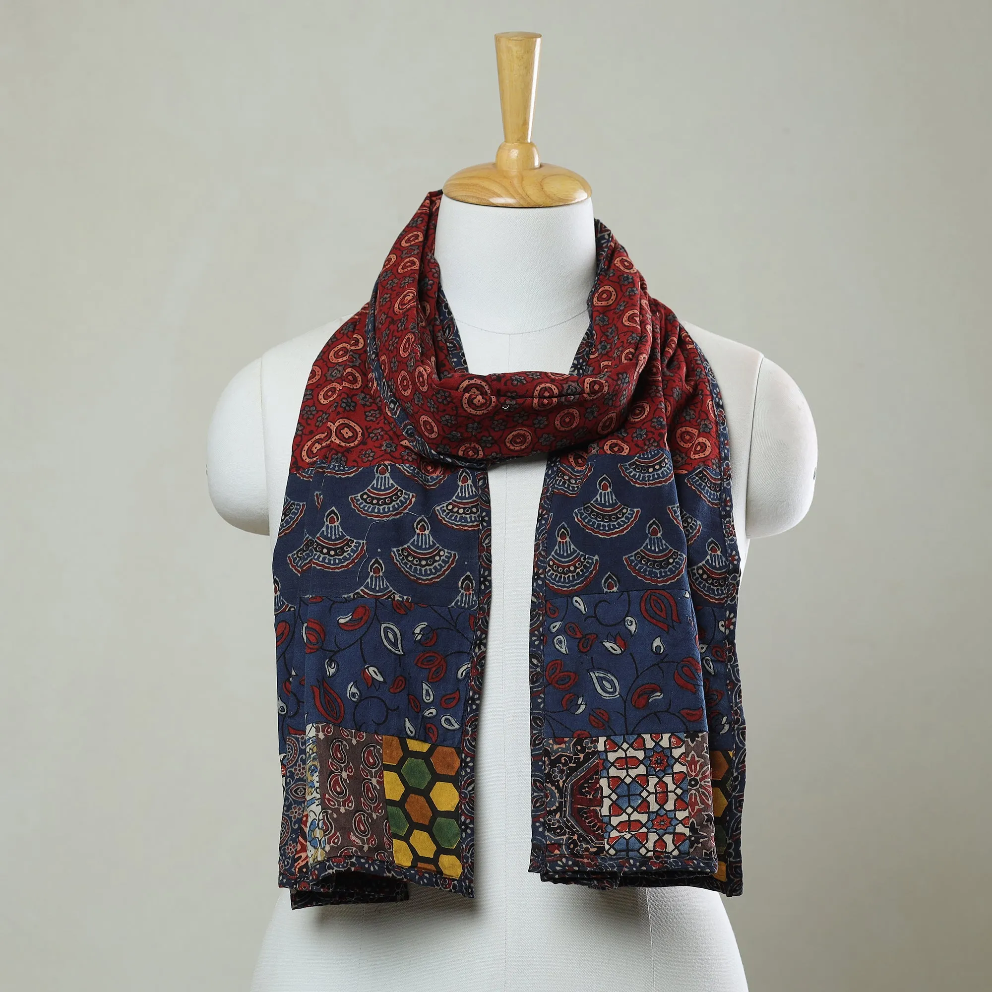 Multicolor - Patchwork Cotton Stole in Ajrakh Block Prints 39