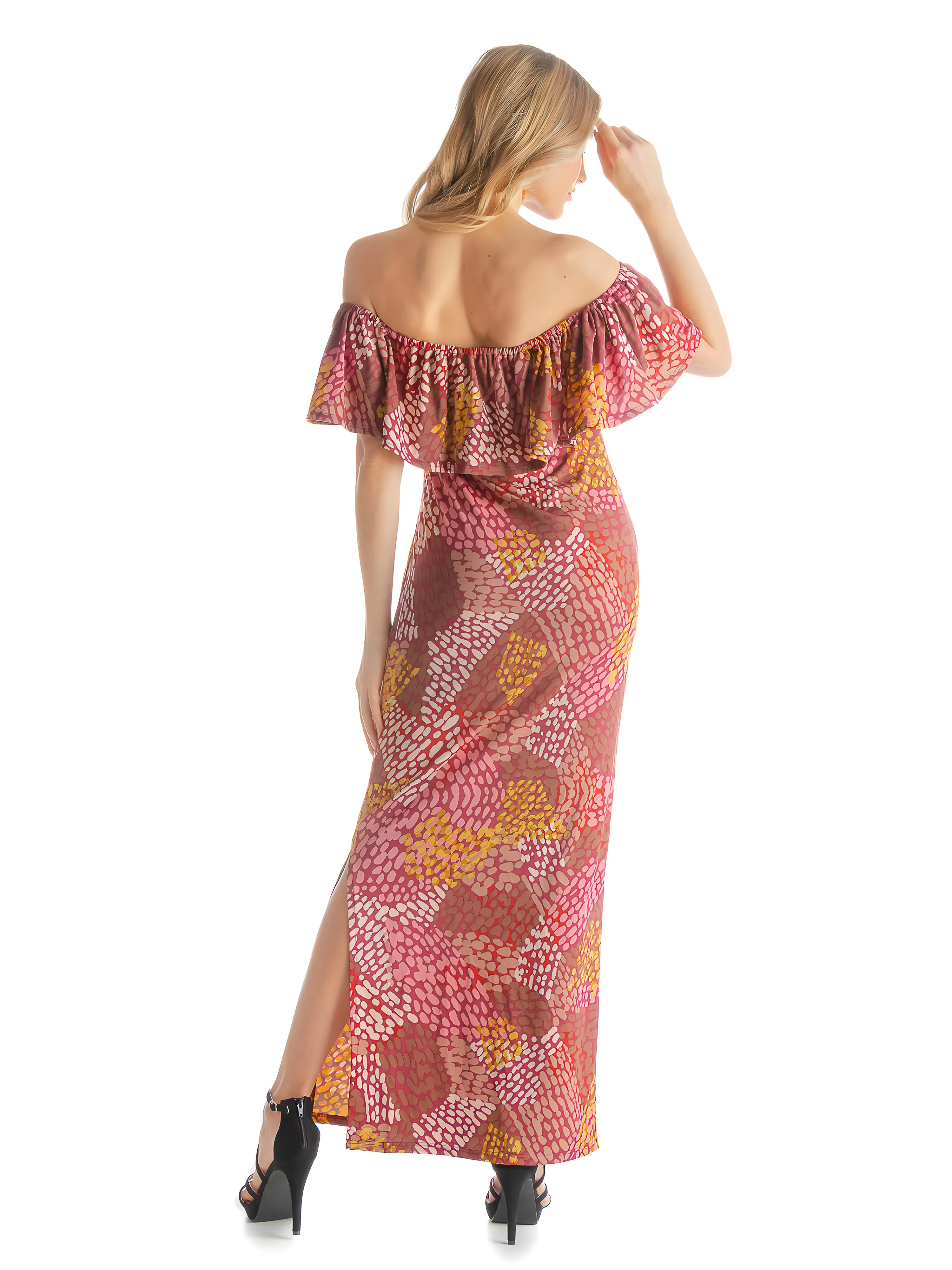 Off Shoulder Pink Abstract Print Maxi Side Slit Dress