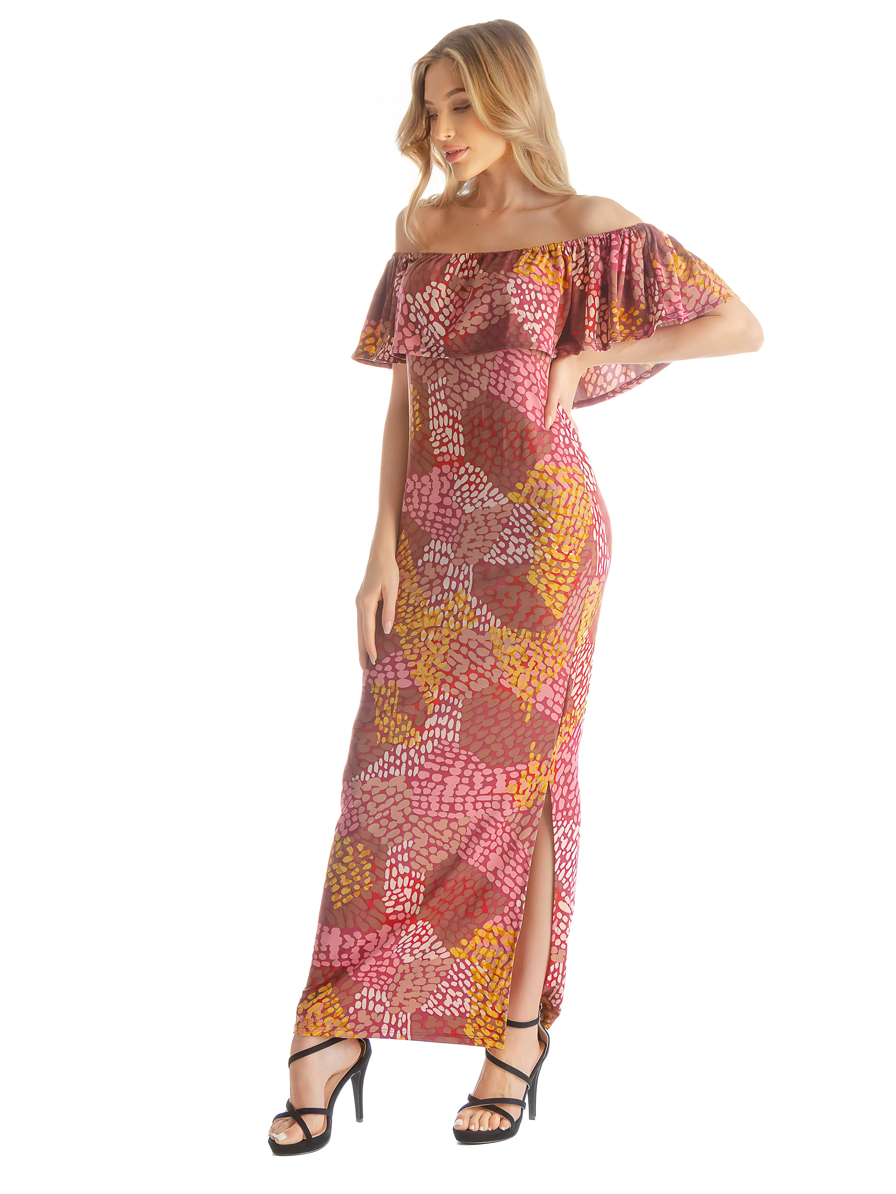 Off Shoulder Pink Abstract Print Maxi Side Slit Dress