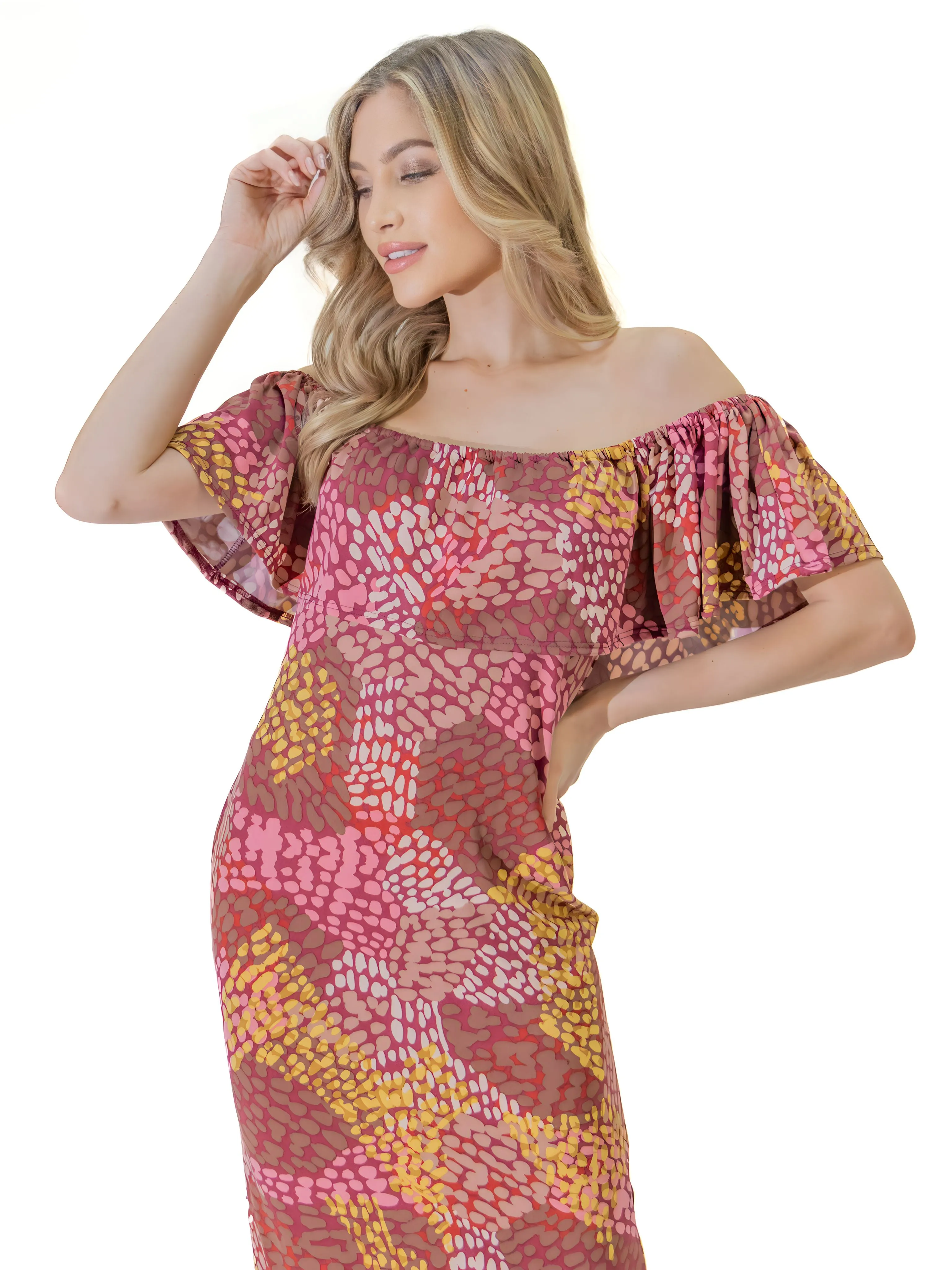 Off Shoulder Pink Abstract Print Maxi Side Slit Dress