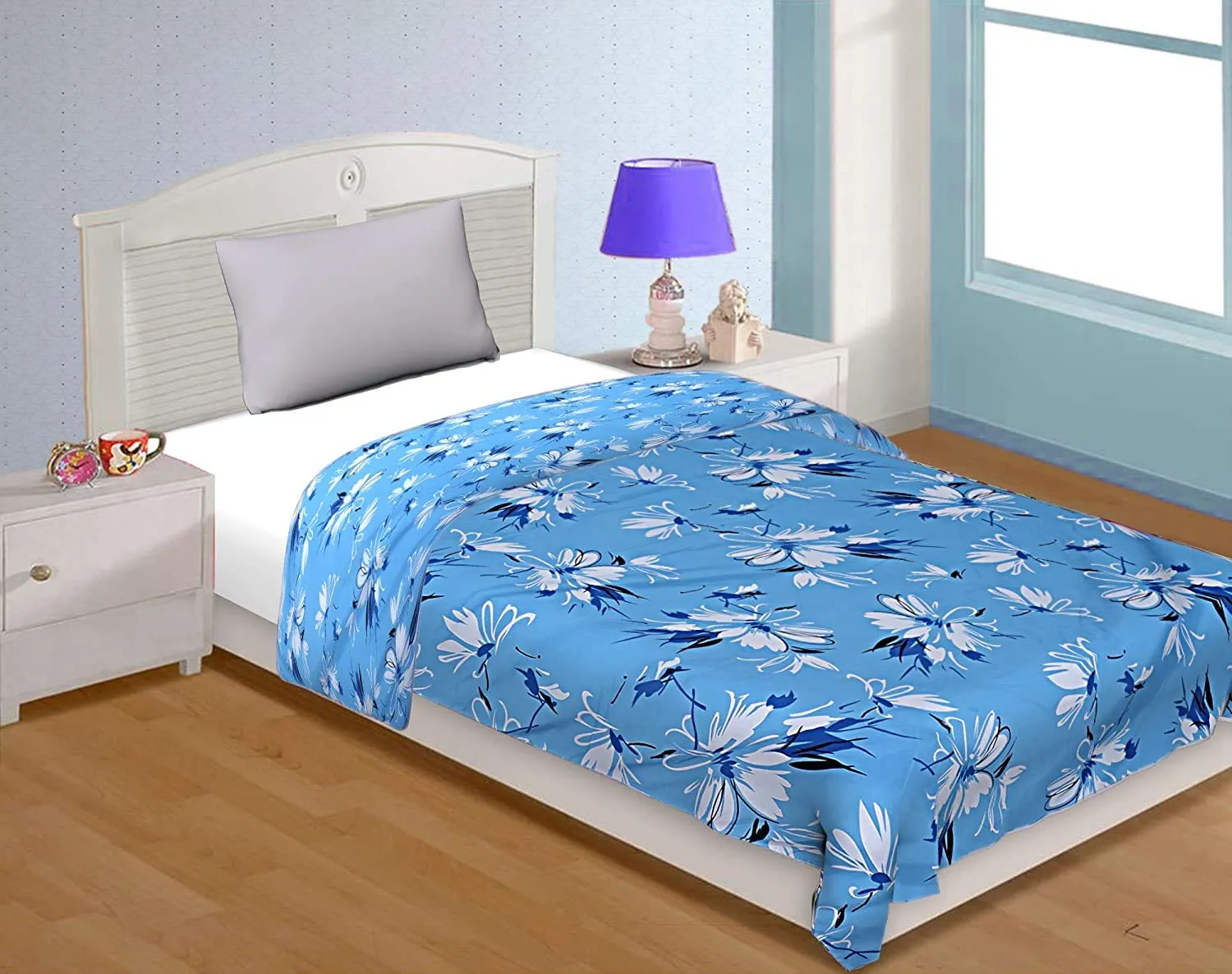 ROMAN HOME Microfiber Design Print only Single Bed Reversible ac Blanke/ac Dohar/Quilt (Single Bed, Blue Flower) Size 85 X 65 in.