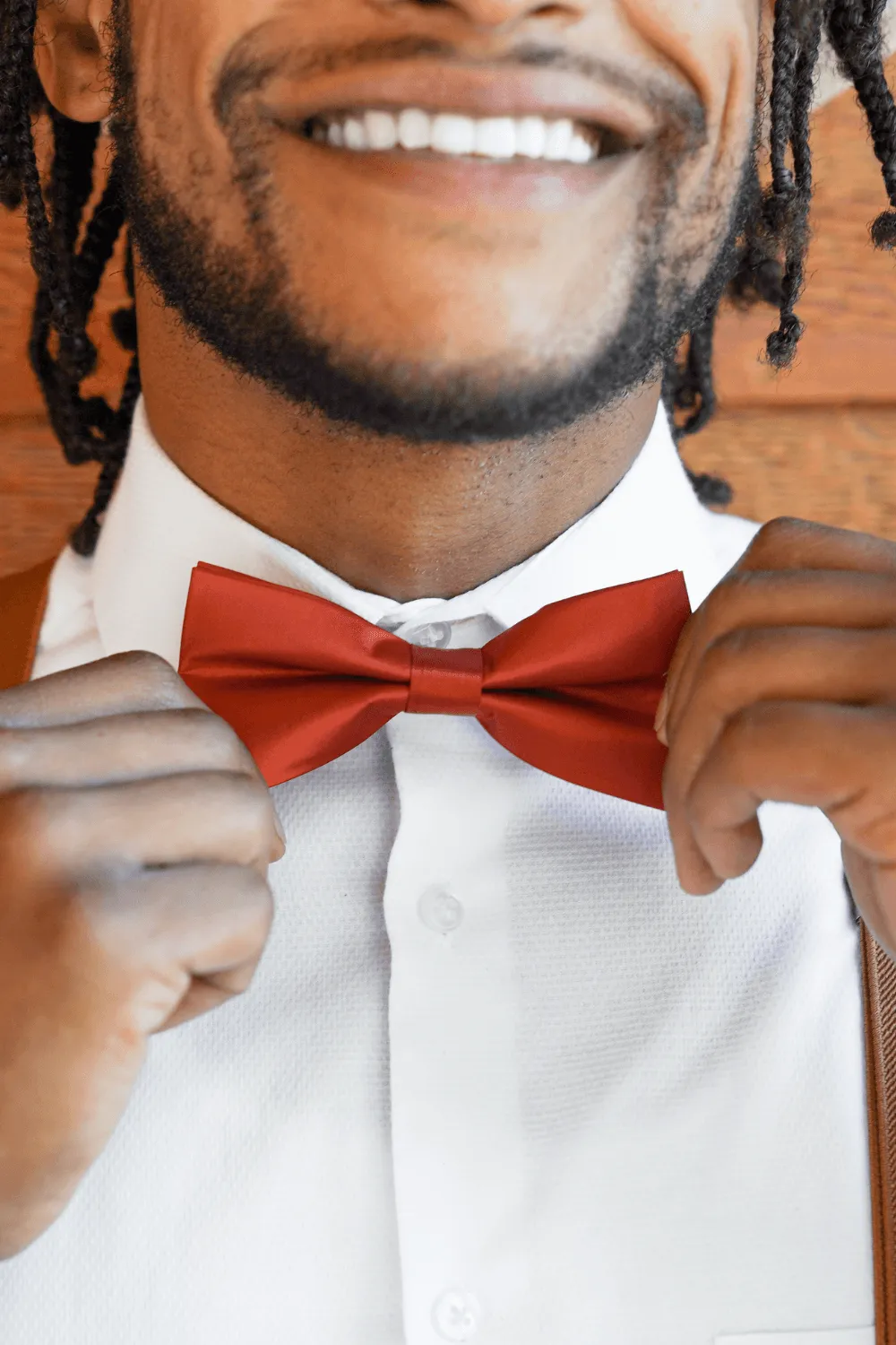 Satin Burnt Orange Bow Tie & Cognac Buckle Suspenders Set