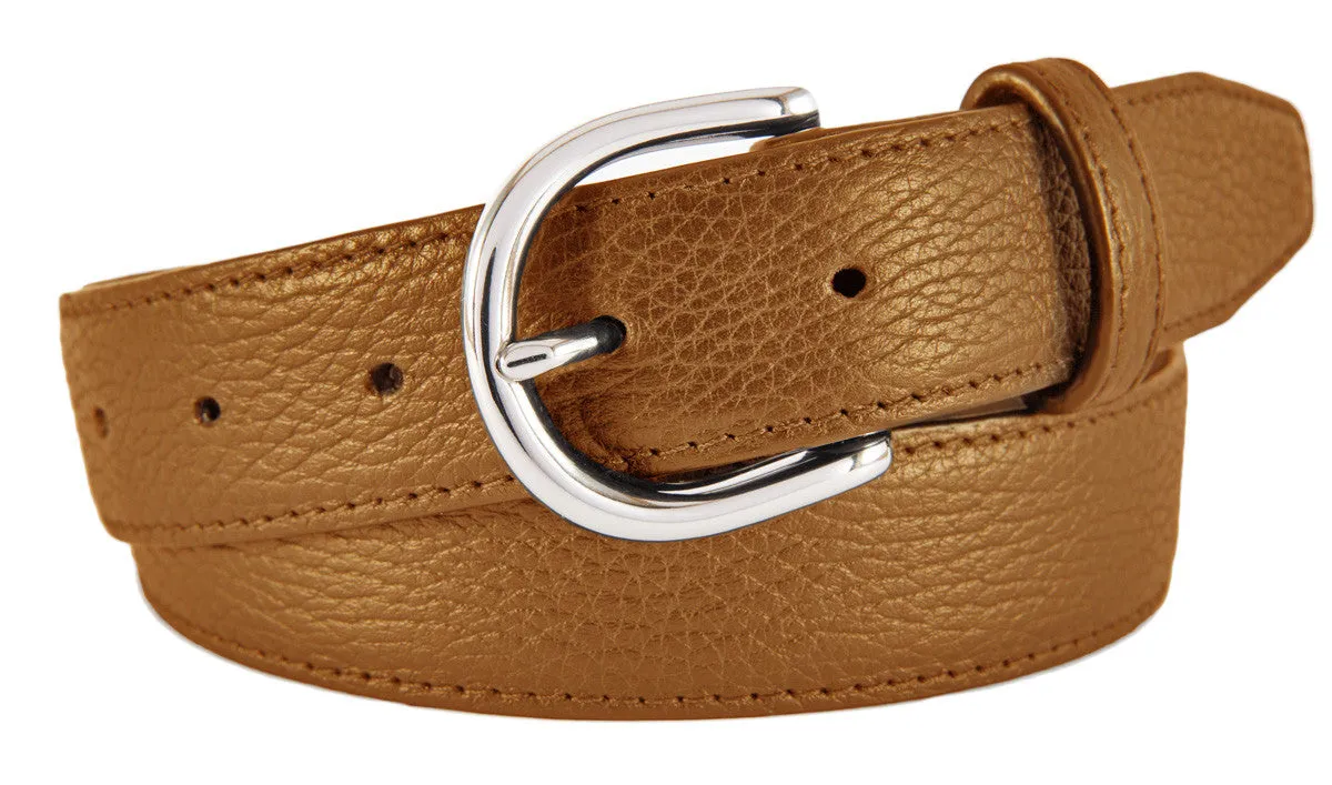 Tan Pebbled Leather Belt, Soho Buckle (Shiny Silver)