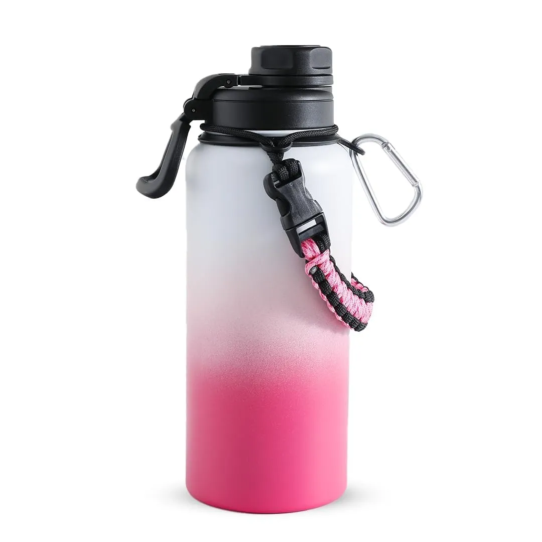 The Better Home Stainless Steel Insulated Water Bottles | 960 ml Each | Thermos Flask Attachable to Bags & Gears | 6/12 hrs hot & Cold | Water Bottle for School Office Travel | Pink-White