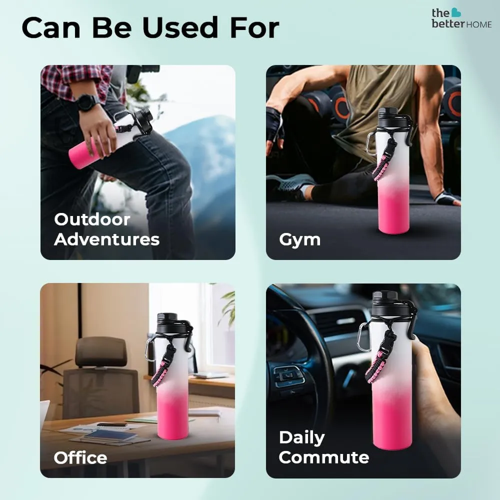 The Better Home Stainless Steel Insulated Water Bottles | 960 ml Each | Thermos Flask Attachable to Bags & Gears | 6/12 hrs hot & Cold | Water Bottle for School Office Travel | Pink-White