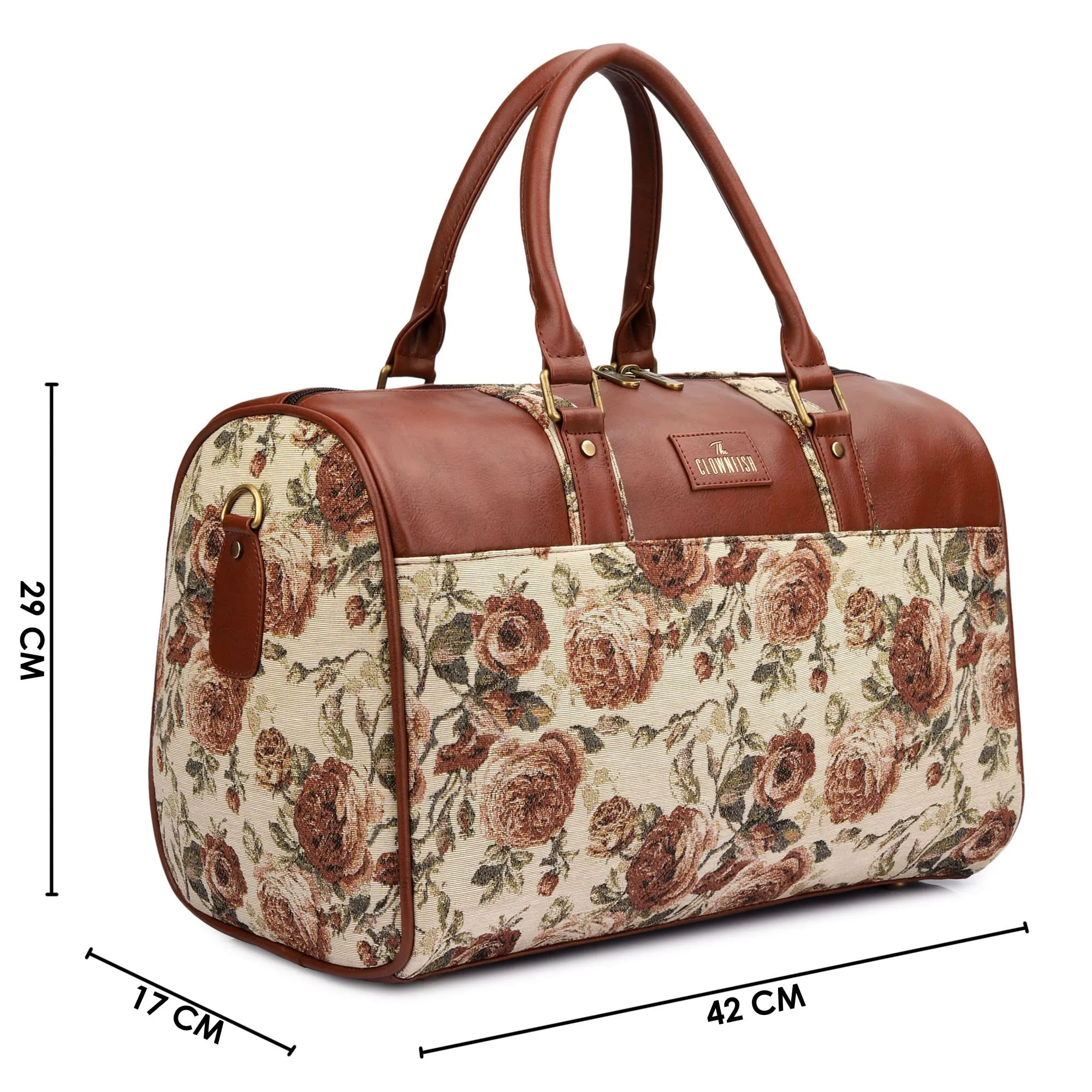 The Clownfish Ambretta Series 21 litres Tapestry Travel Duffle Bag Weekender Bag (Brown- Floral)