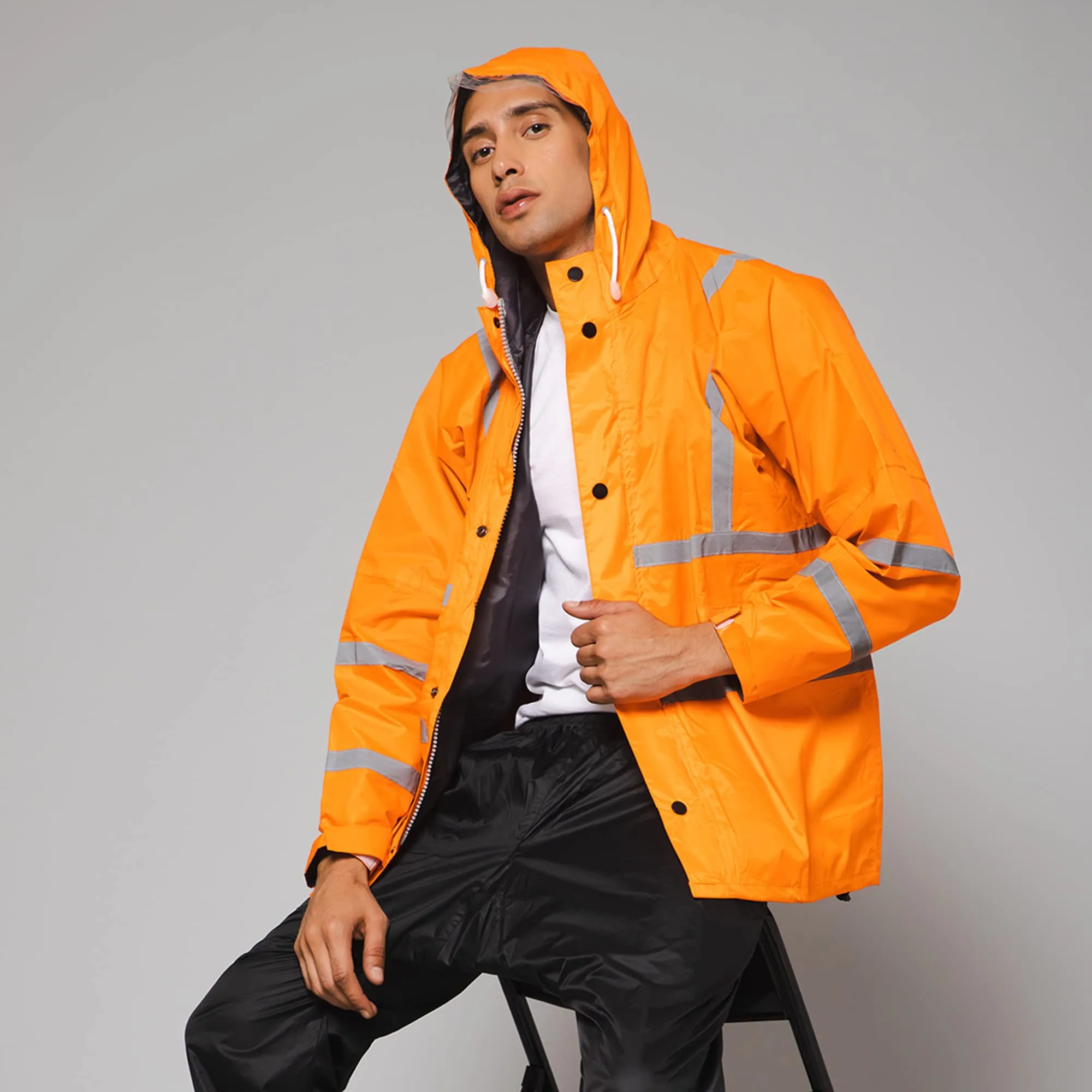 THE CLOWNFISH Leroy Series Rain Coat for Men Waterproof for Bike Raincoat for Men with Hood. Set of Orange Jacket with Black Trouser (XX-Large)