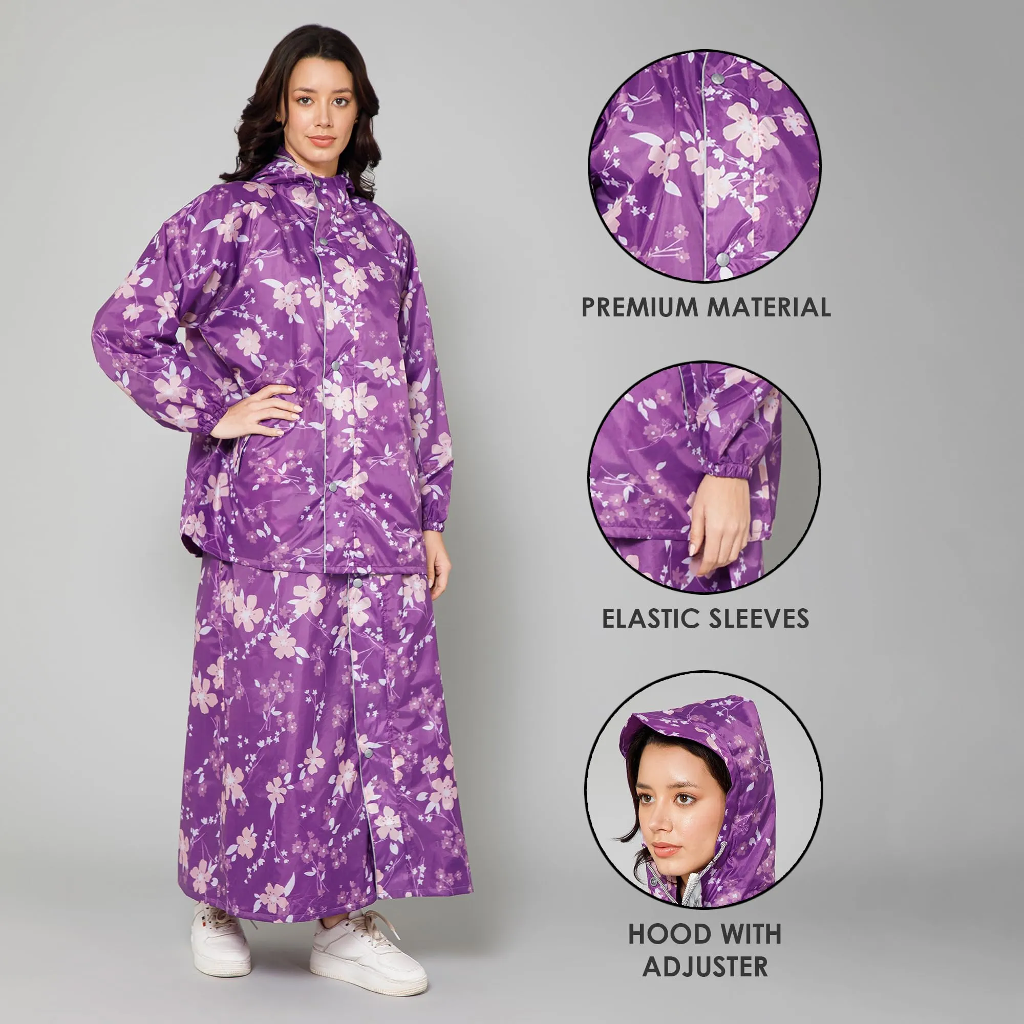 THE CLOWNFISH Polyester Waterproof Rain Coat For Women Skirt and Top Raincoat With Adjustable Hood and Front Pockets Rain Glam Series (Purple Floral, X-Large)