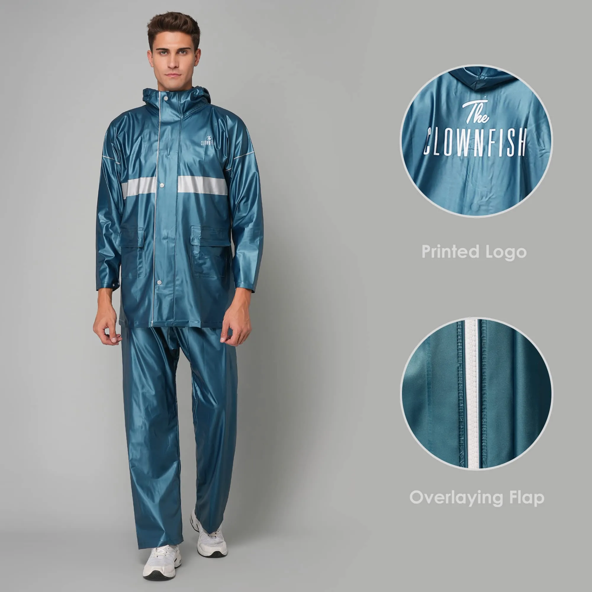 THE CLOWNFISH Rain Coat for Men Waterproof for Bike Raincoat for Men with Hood PVC Material. Set of Top and Bottom. Azure Pro Series (Bright Turquoise, XX-Large)