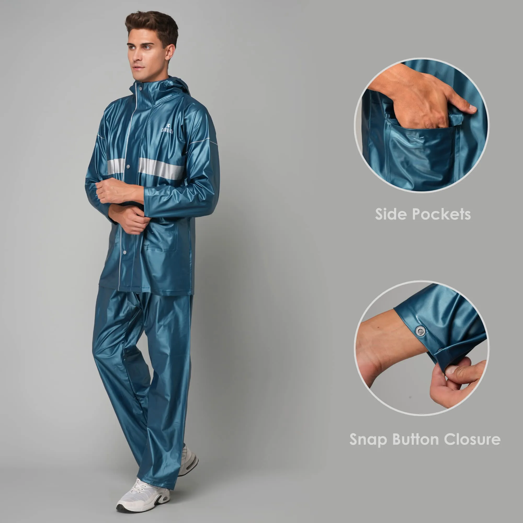 THE CLOWNFISH Rain Coat for Men Waterproof for Bike Raincoat for Men with Hood PVC Material. Set of Top and Bottom. Azure Pro Series (Bright Turquoise, XX-Large)