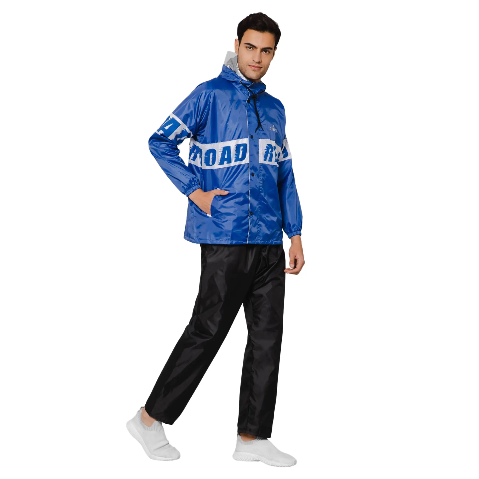 THE CLOWNFISH Road Rider Men's Waterproof Raincoat Polyester Double Coating Reversible Rain Suit with Hood & Inner Mobile Pocket. Set of Top and Bottom. Printed Plastic Pouch (Royal Blue, XX-Large)