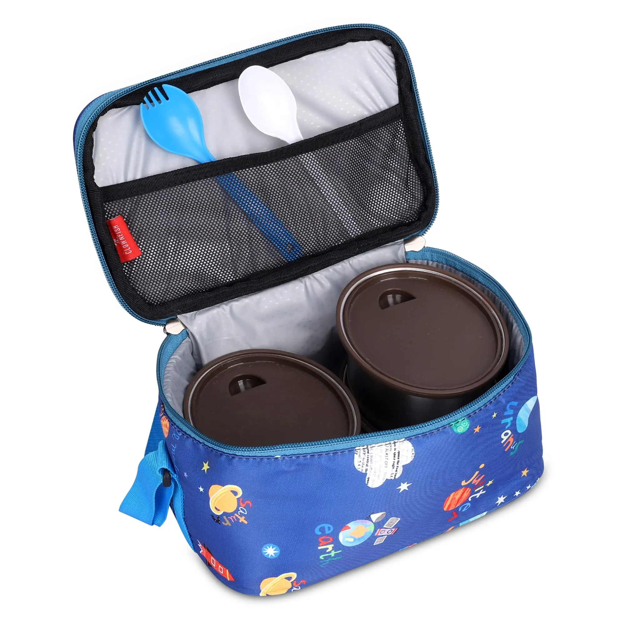 THE CLOWNFISH Snack Attack Series Polyester Printed Tiffin Carry Bag Lunch Bag Lunch Box Carrier Bag for School Picnic Travel Food Storage Bag (Dodger Blue)