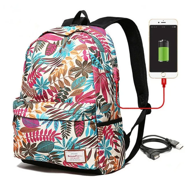 USB Charging Backpack With Plants Printing