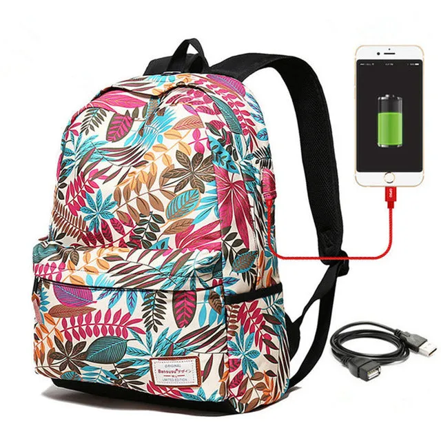 USB Charging Backpack With Plants Printing