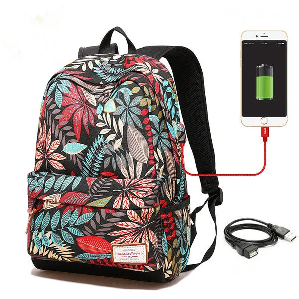 USB Charging Backpack With Plants Printing