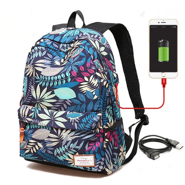 USB Charging Backpack With Plants Printing