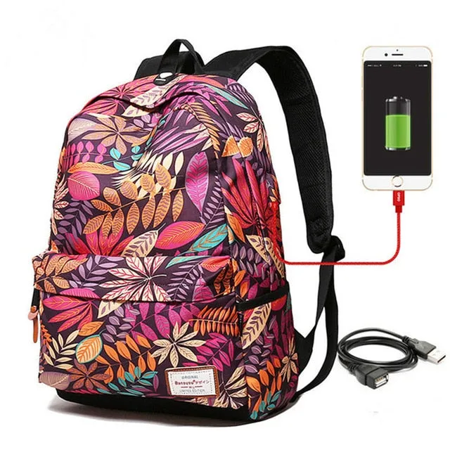 USB Charging Backpack With Plants Printing