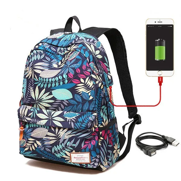 USB Charging Backpack With Plants Printing