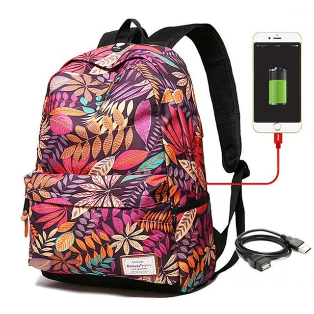 USB Charging Backpack With Plants Printing