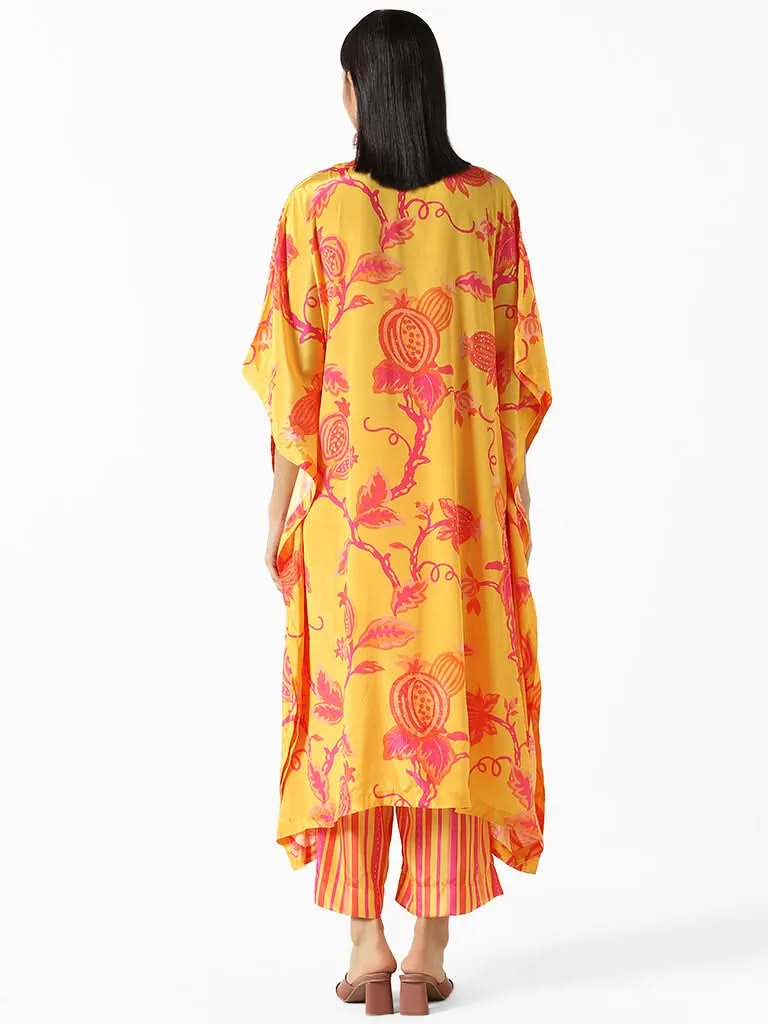 Vark Yellow Floral Printed Kaftan Kurta and Palazzos Set