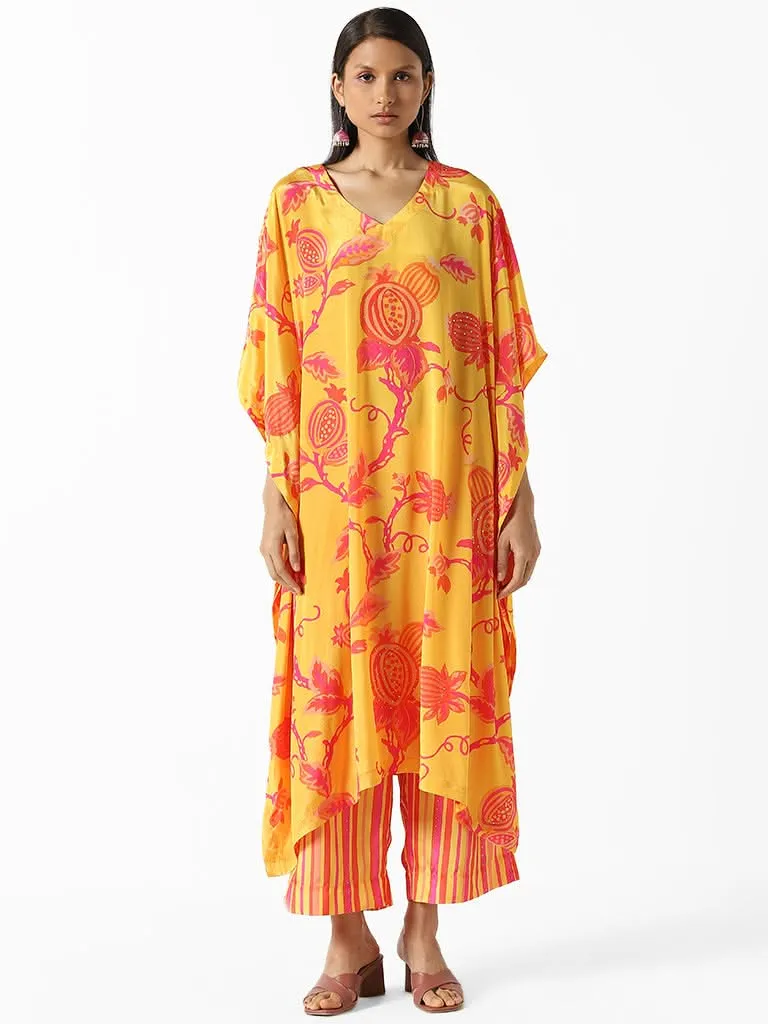 Vark Yellow Floral Printed Kaftan Kurta and Palazzos Set