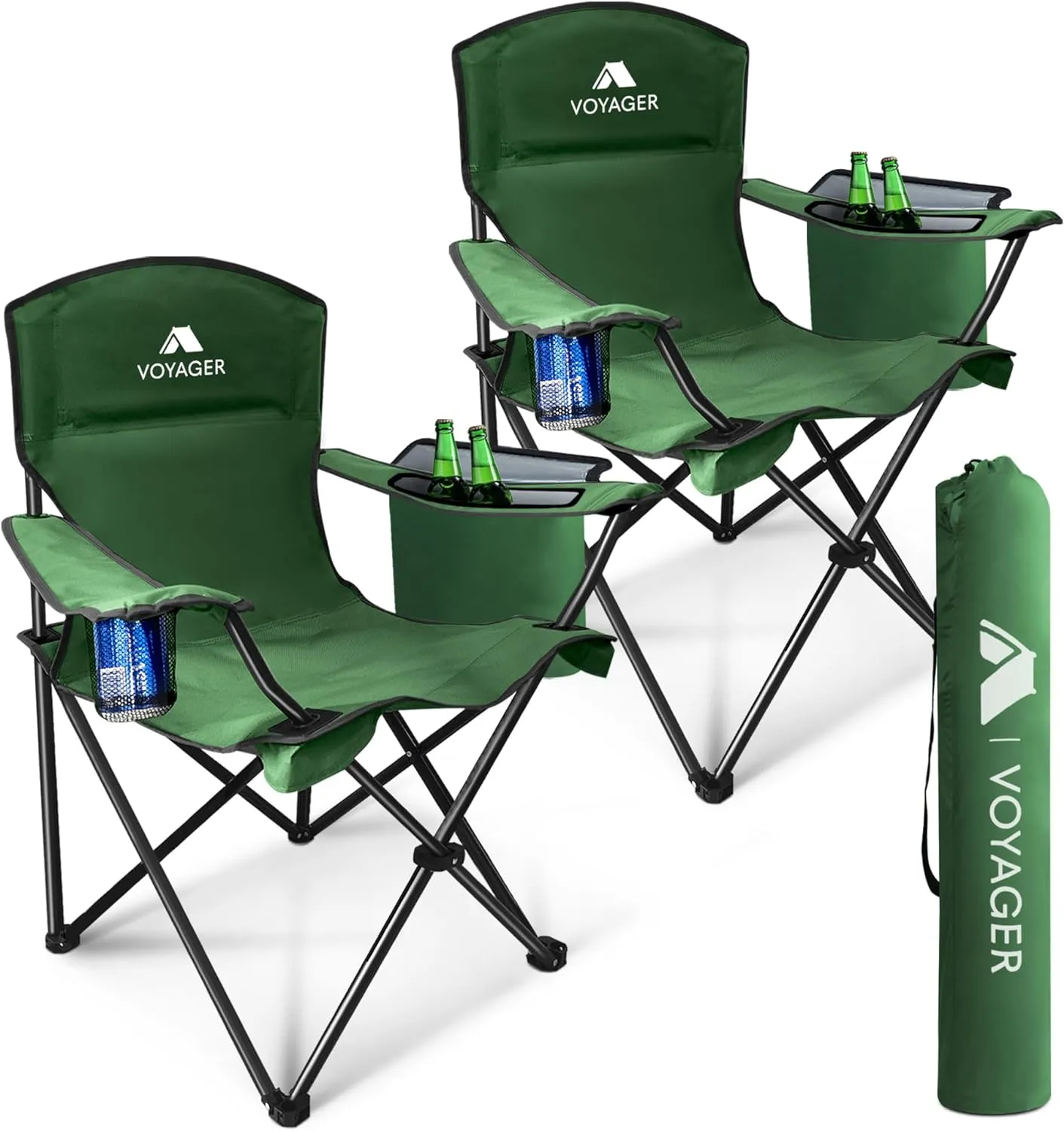 Voyager Folding Camping Chairs 2 Pack with Cooler Bag, Lightweight Q195 Steel Frame, 600D Oxford Fabric, Portable & Comfortable