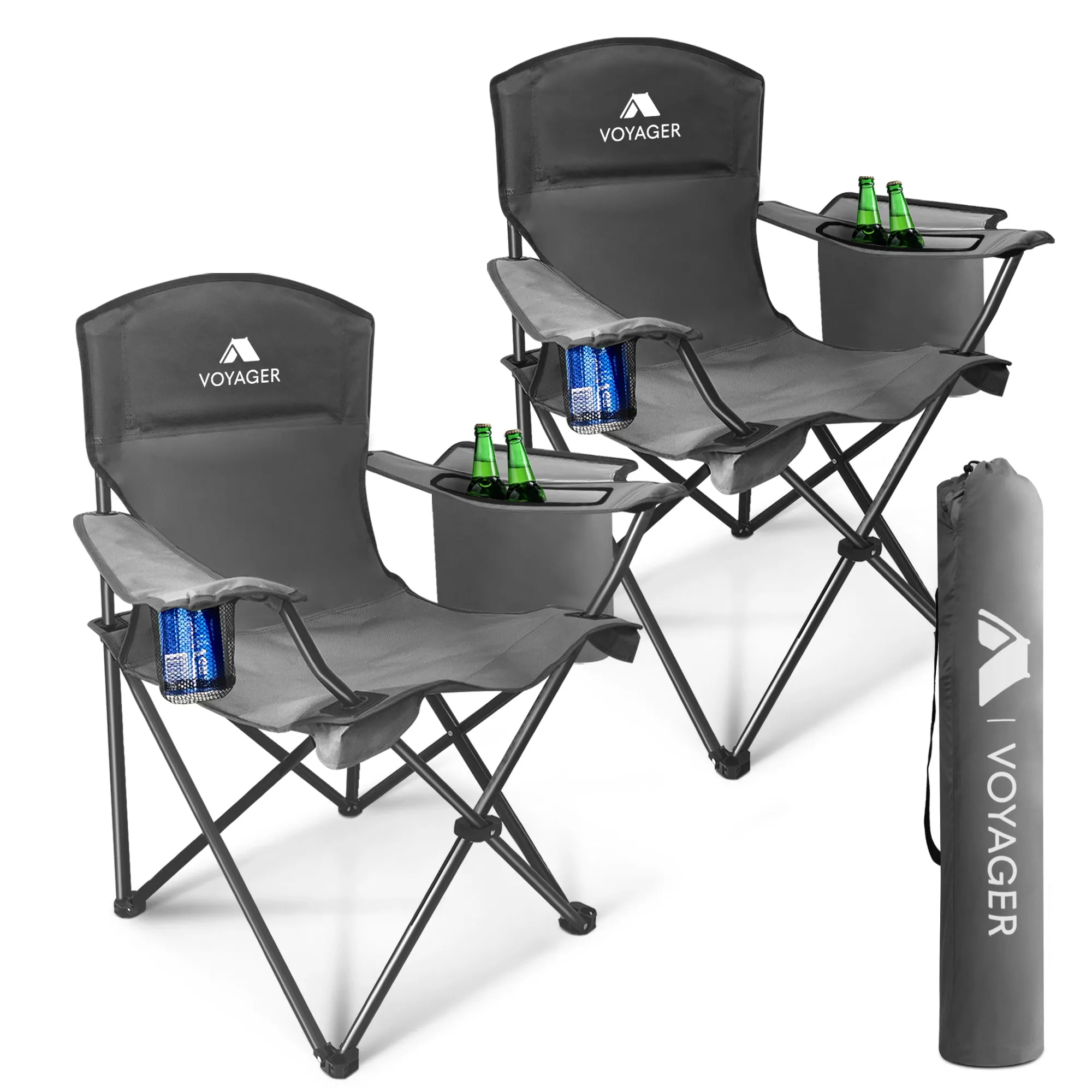 Voyager Folding Camping Chairs 2 Pack with Cooler Bag, Lightweight Q195 Steel Frame, 600D Oxford Fabric, Portable & Comfortable