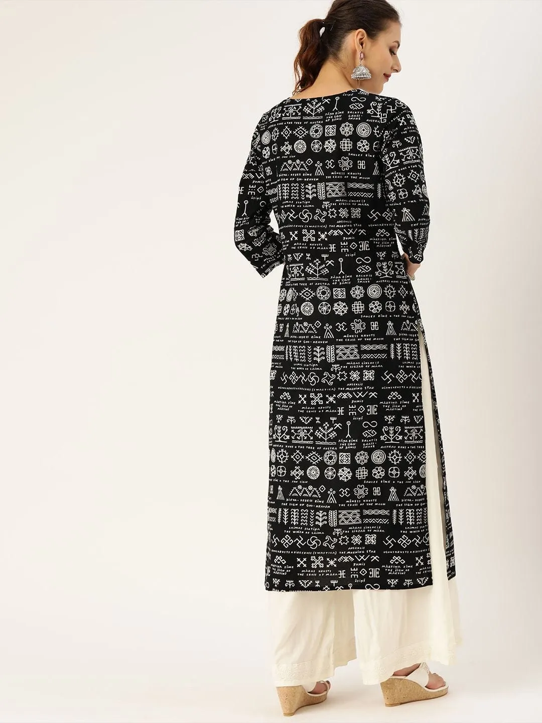 Women Black & White Printed Straight Kurta