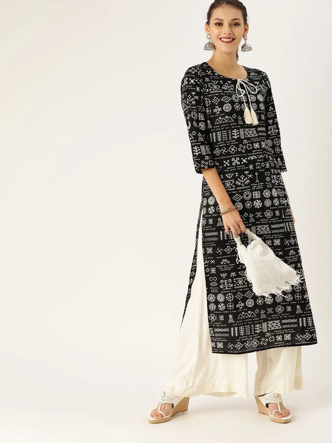 Women Black & White Printed Straight Kurta