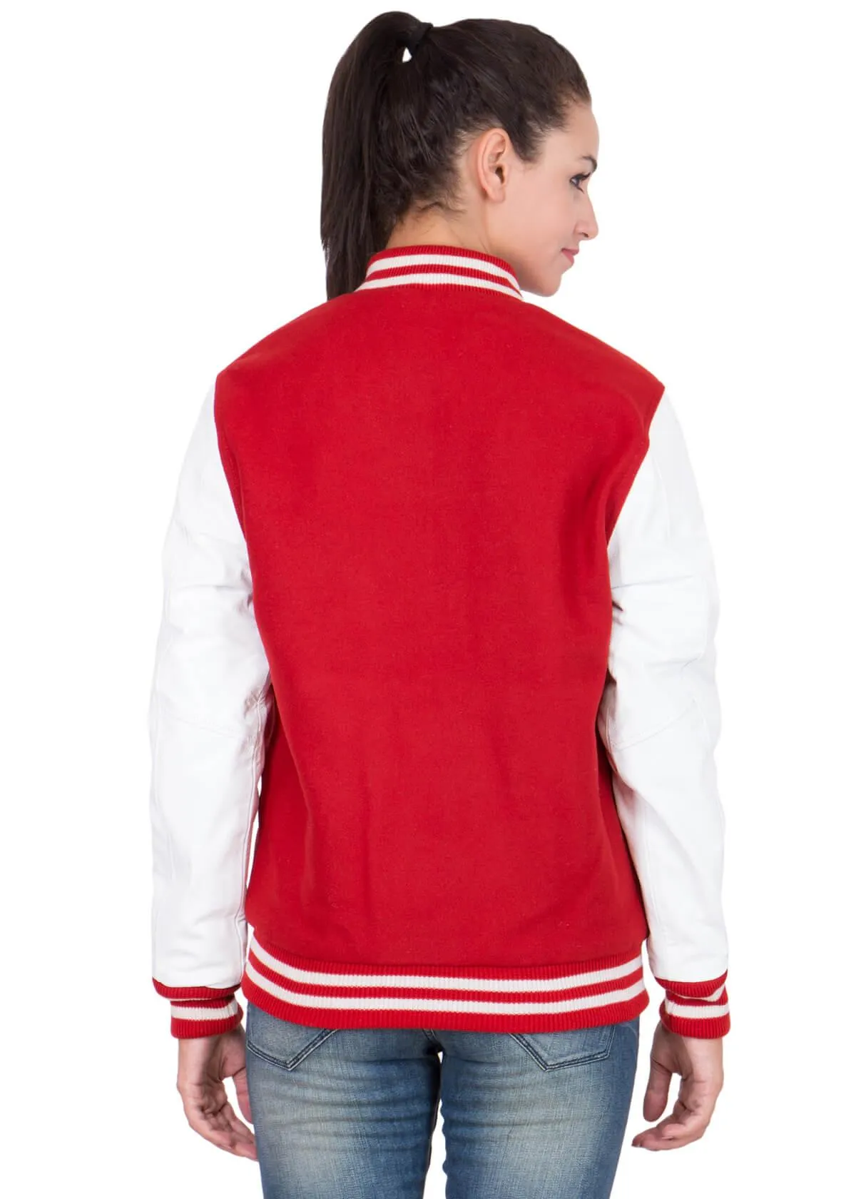 Womens Scarlet Red Varsity Jacket with White Leather Sleeves