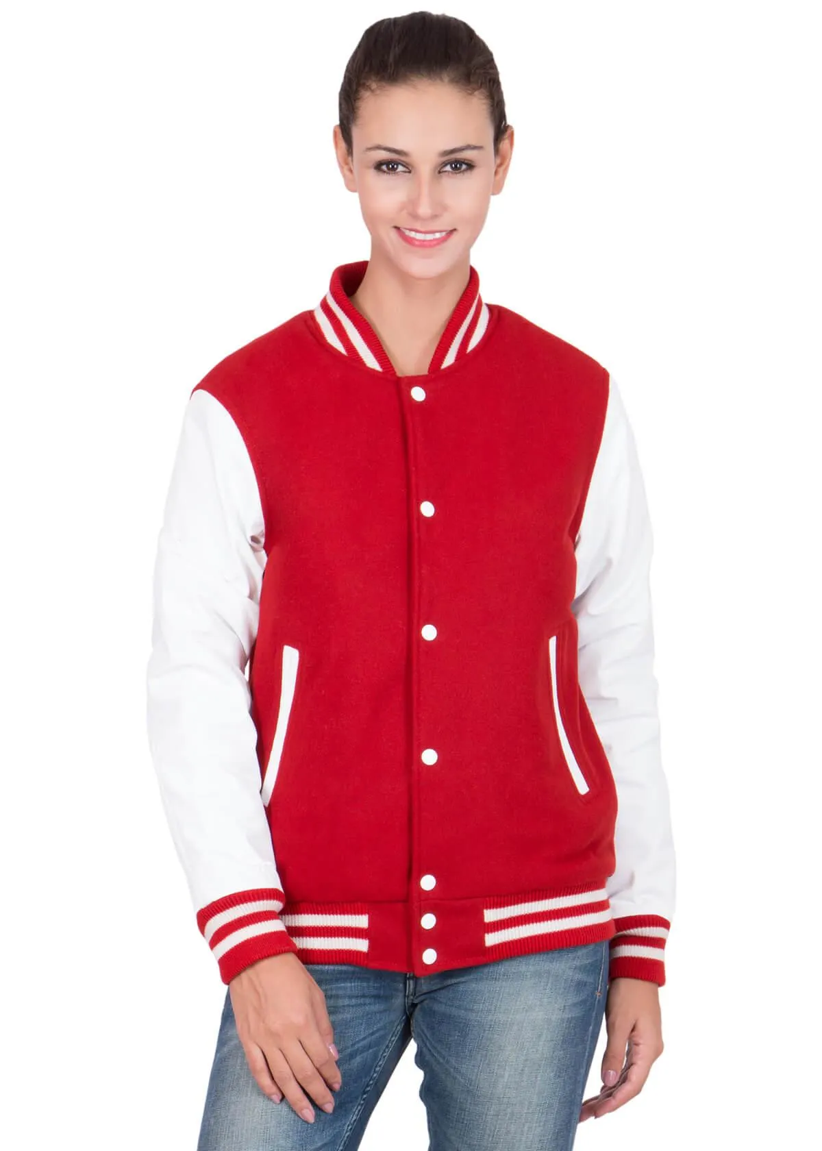 Womens Scarlet Red Varsity Jacket with White Leather Sleeves