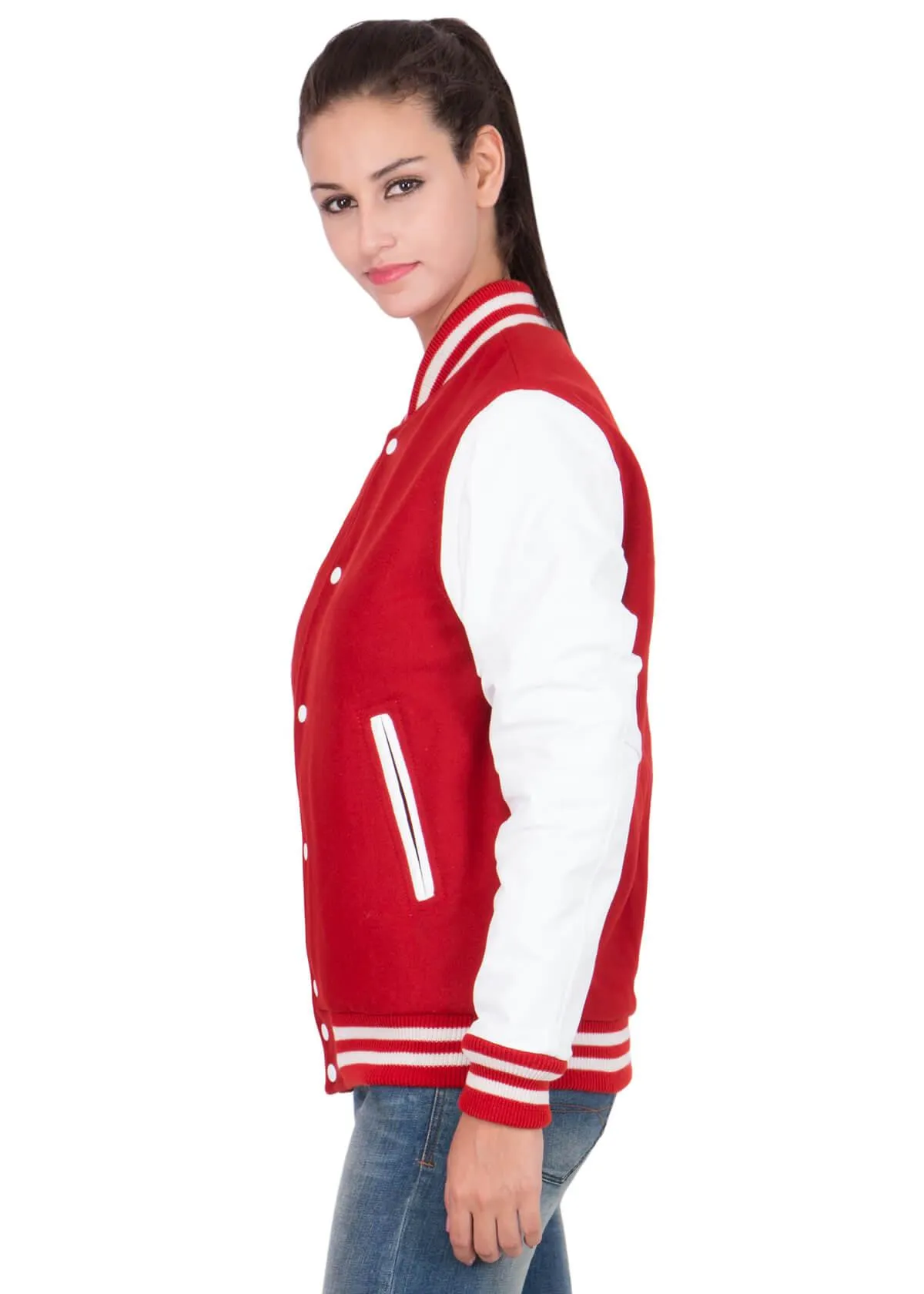 Womens Scarlet Red Varsity Jacket with White Leather Sleeves