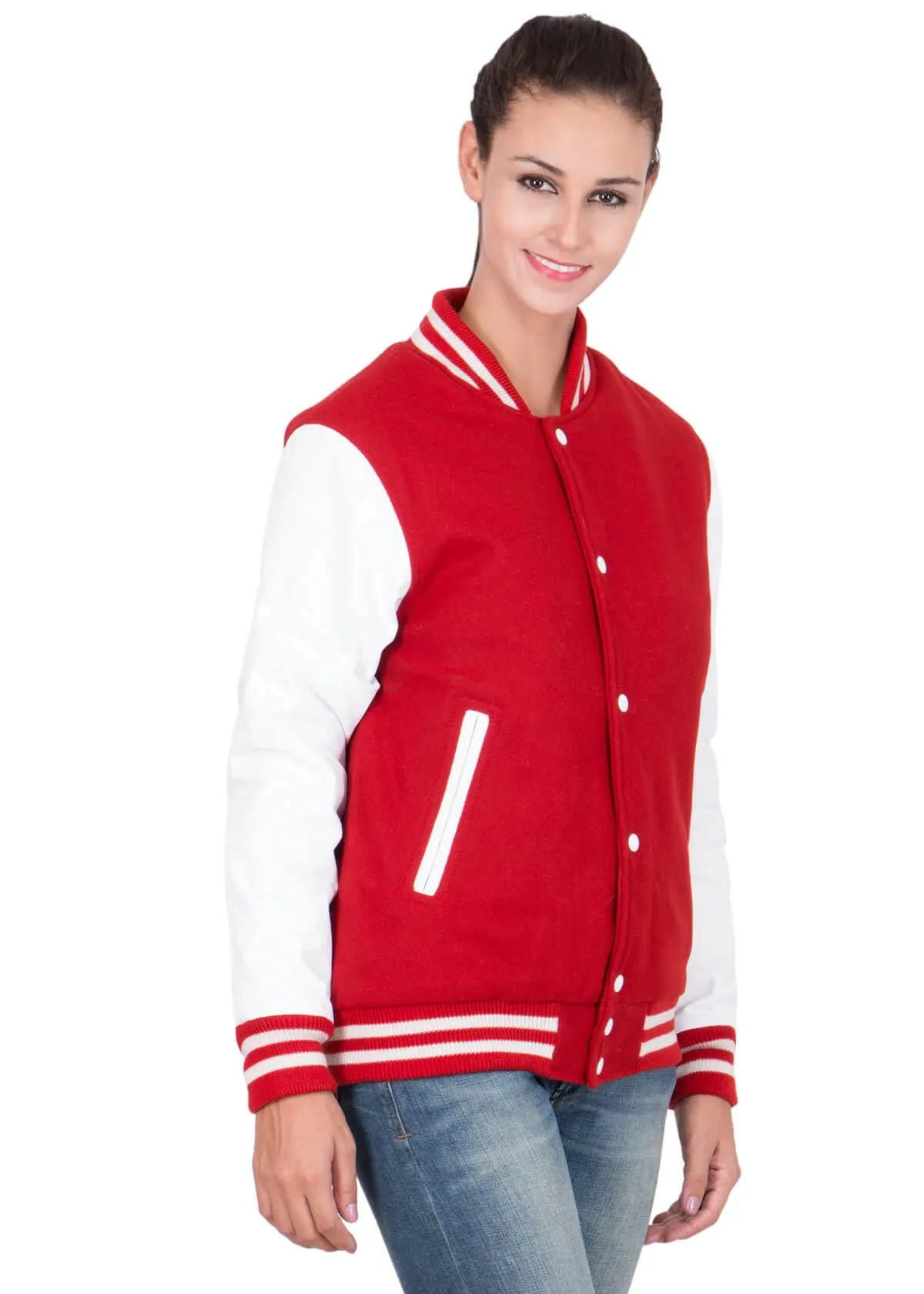 Womens Scarlet Red Varsity Jacket with White Leather Sleeves