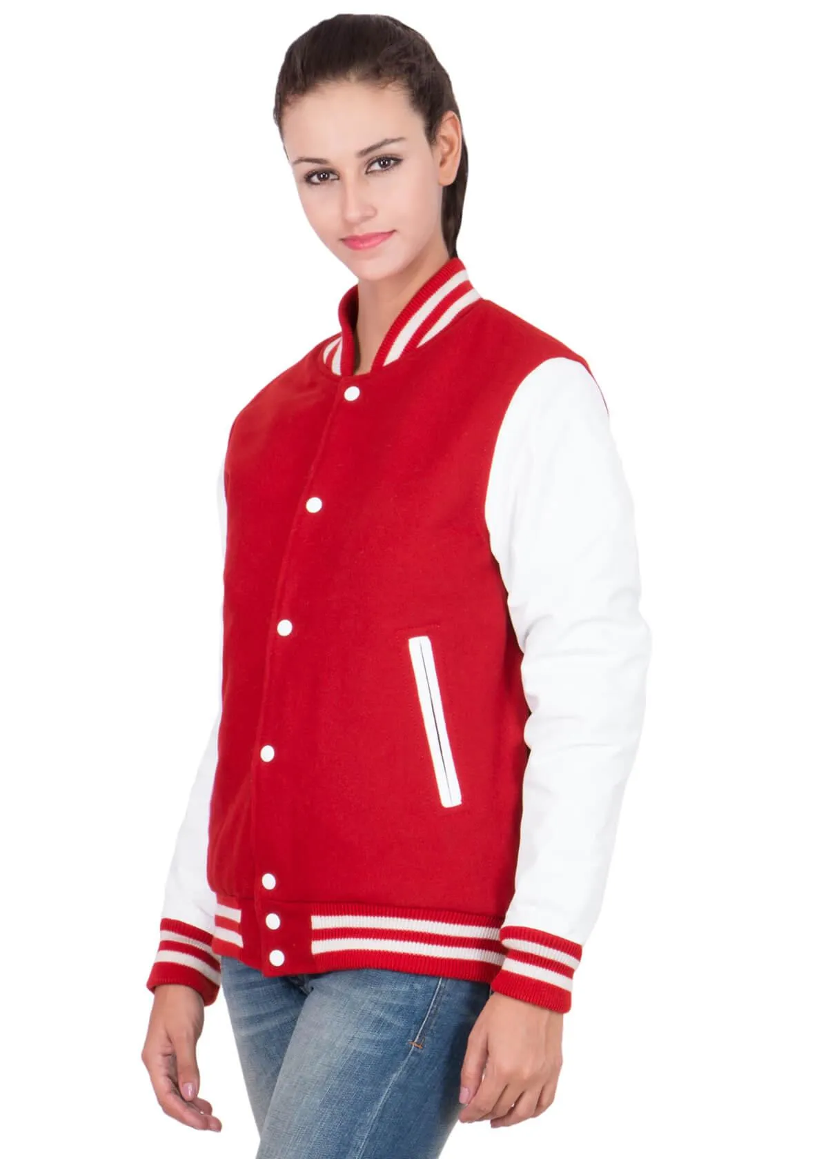 Womens Scarlet Red Varsity Jacket with White Leather Sleeves