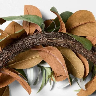 XL Magnolia and Olive Artificial Wreath with Ribbon Brown - Threshold designed with Studio McGee: Indoor Decor, Unlit, Polyester